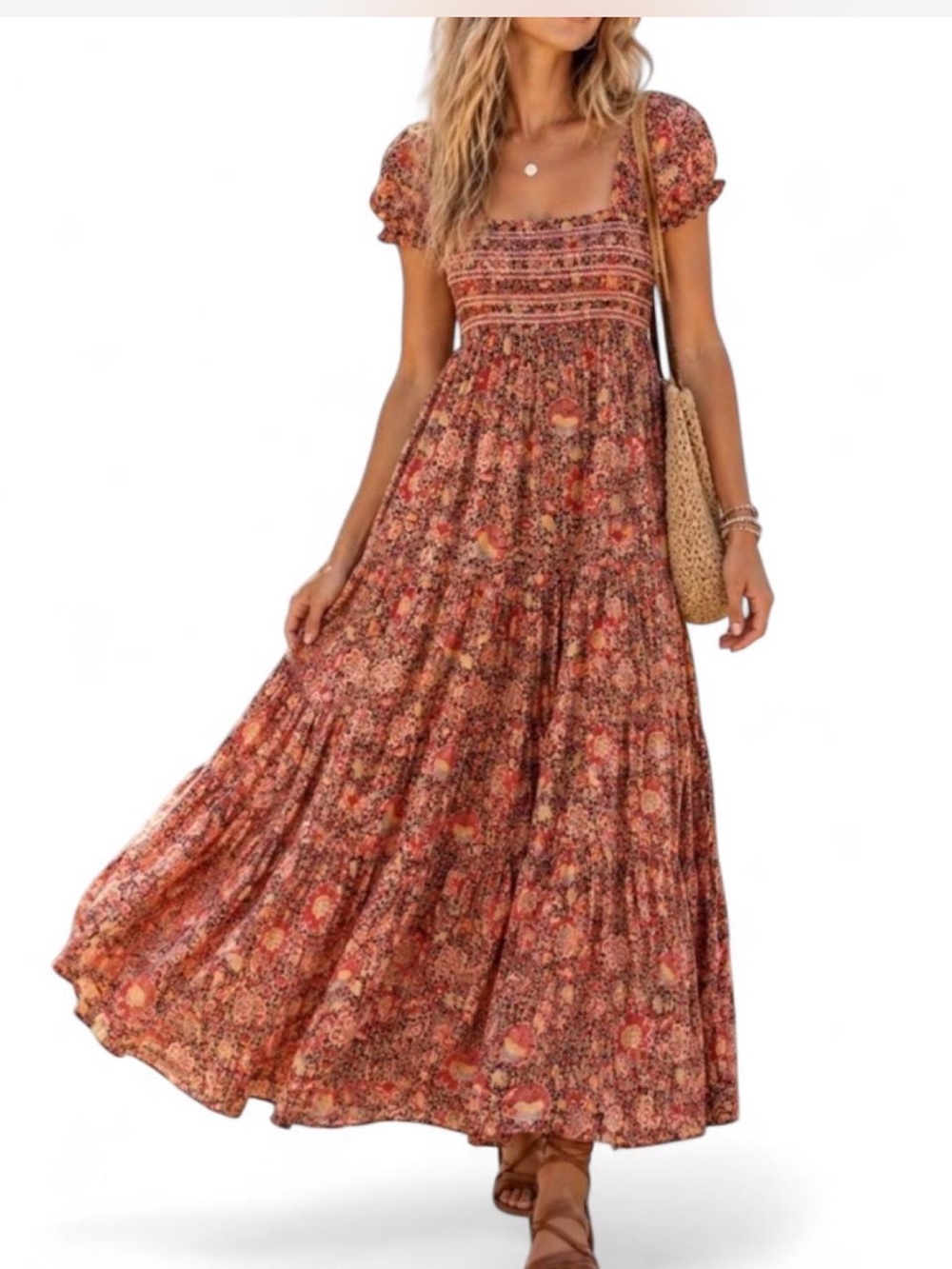 Free People Getaway Floral Smocked Tiered Boho Maxi Dress Size Large